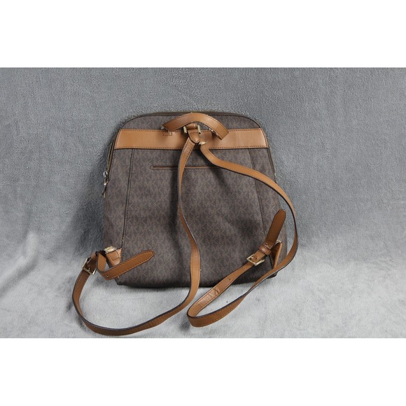Michael Kors Backpack Womens Medium Brown MK Logo Monogram Leather Trim Zip - Picture 2 of 8